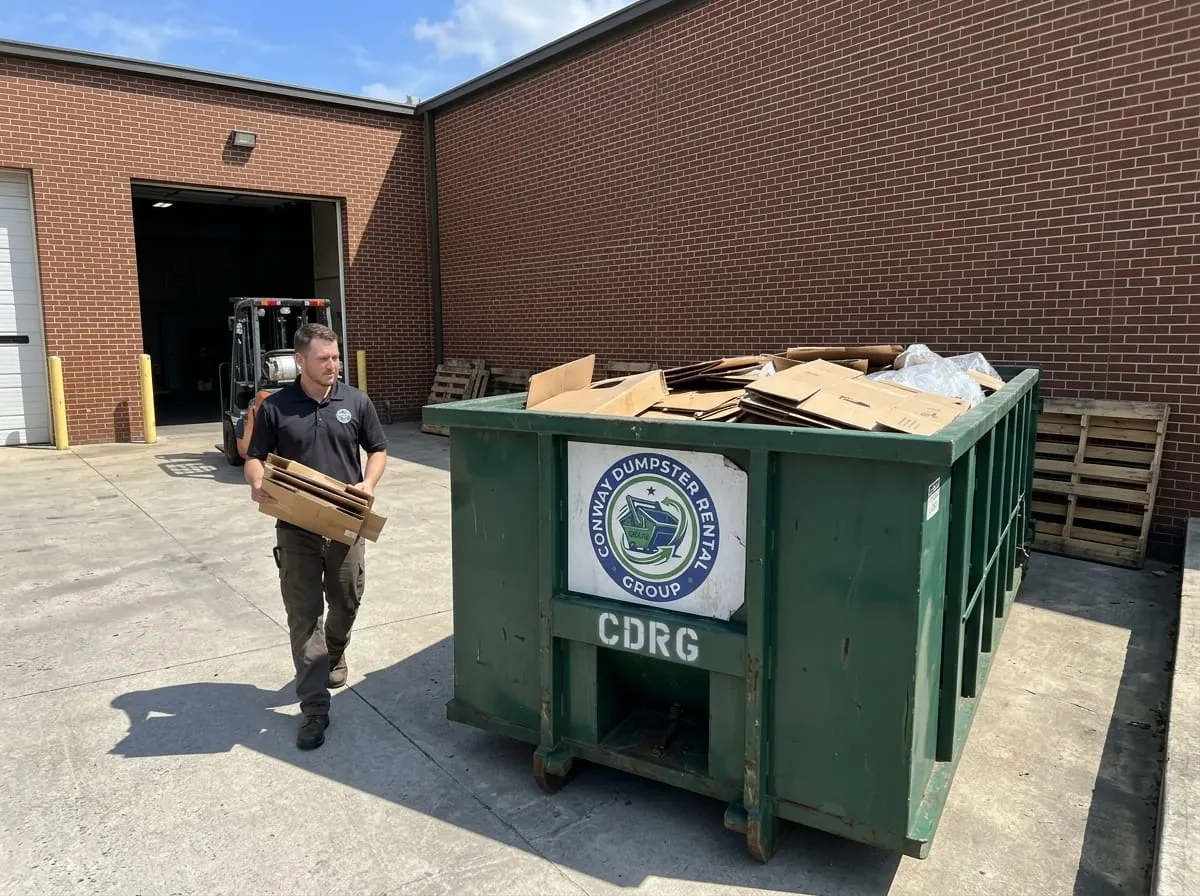 Worker beside a commercial roll-off dumpster from Conway Dumpster Rental Group in Conway, AR