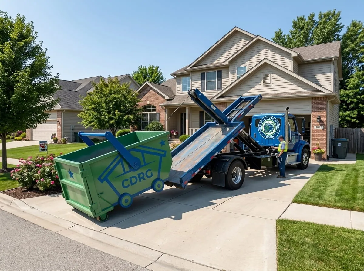 Same-day dumpster delivery in Conway, AR Conway Dumpster Rental Group truck delivering a roll-off dumpster to a Conway AR driveway