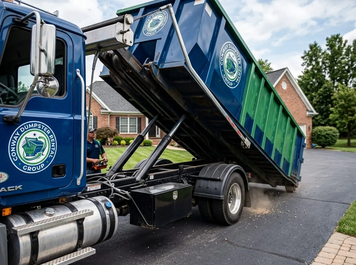 Roll-off dumpster being loaded onto a truck in Conway, AR